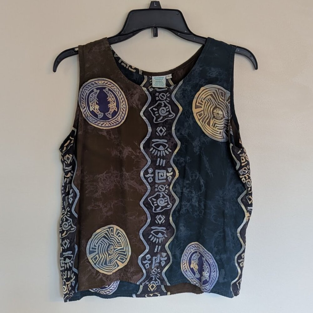 Peaceful People Sleeveless Top in Brown, Blue, Teal, Purple, Beige | Size Large